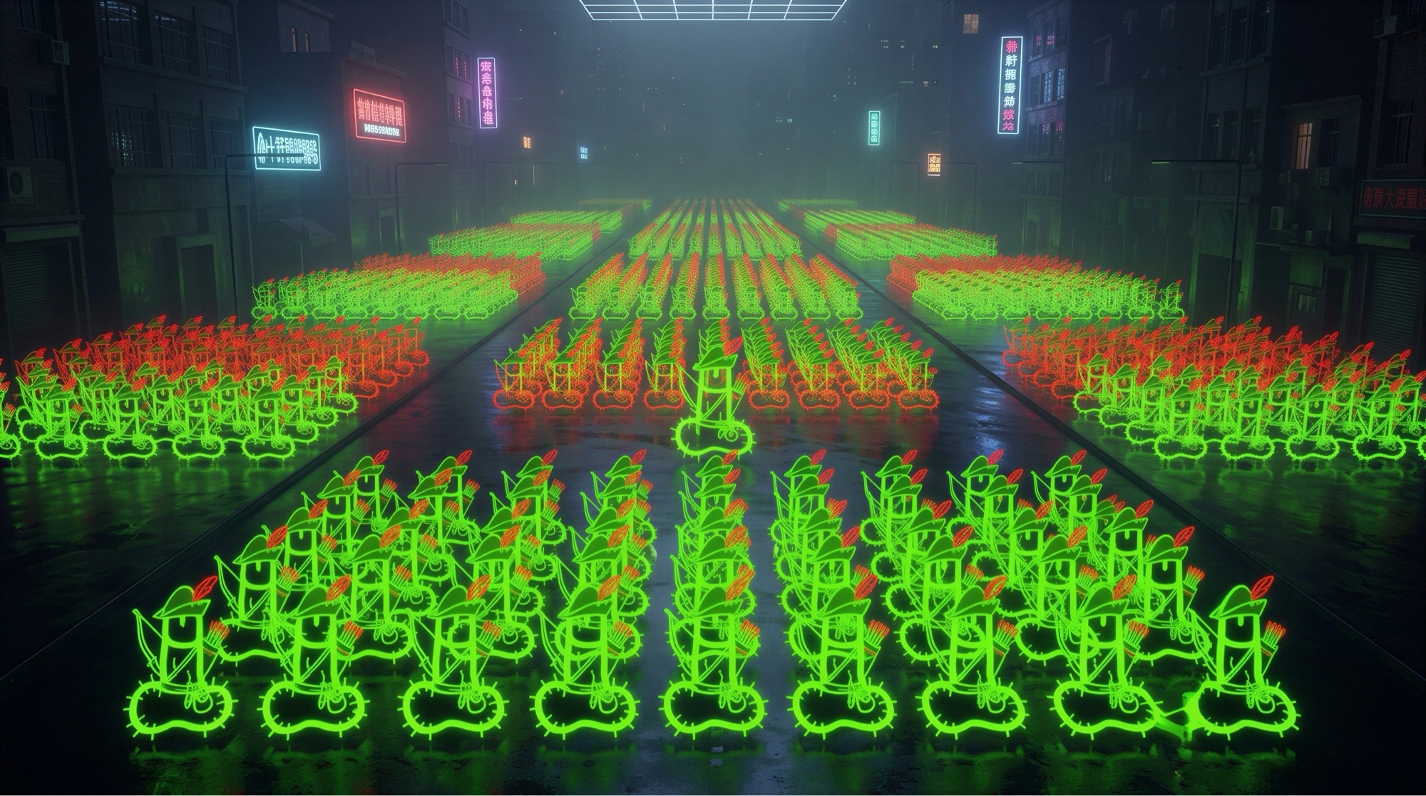 Thousands of neon-green MANHOOD mascots in ranks on a rain-slick cyberpunk street